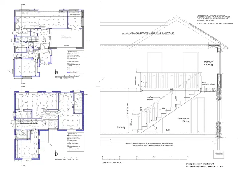 Proposed floor plans and section.
