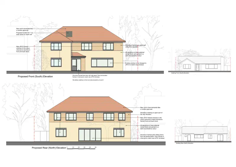 Proposed and existing front and rear elevations.