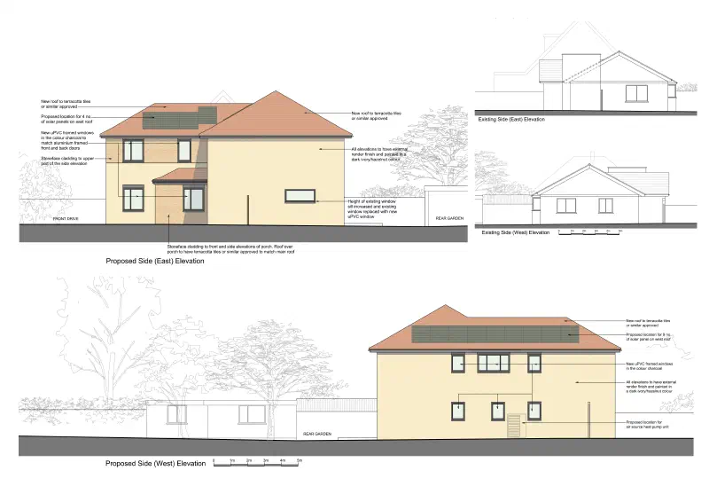 Proposed and existing side elevations.