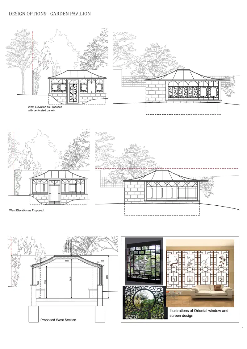 Design options: west elevations, section and the screen design.