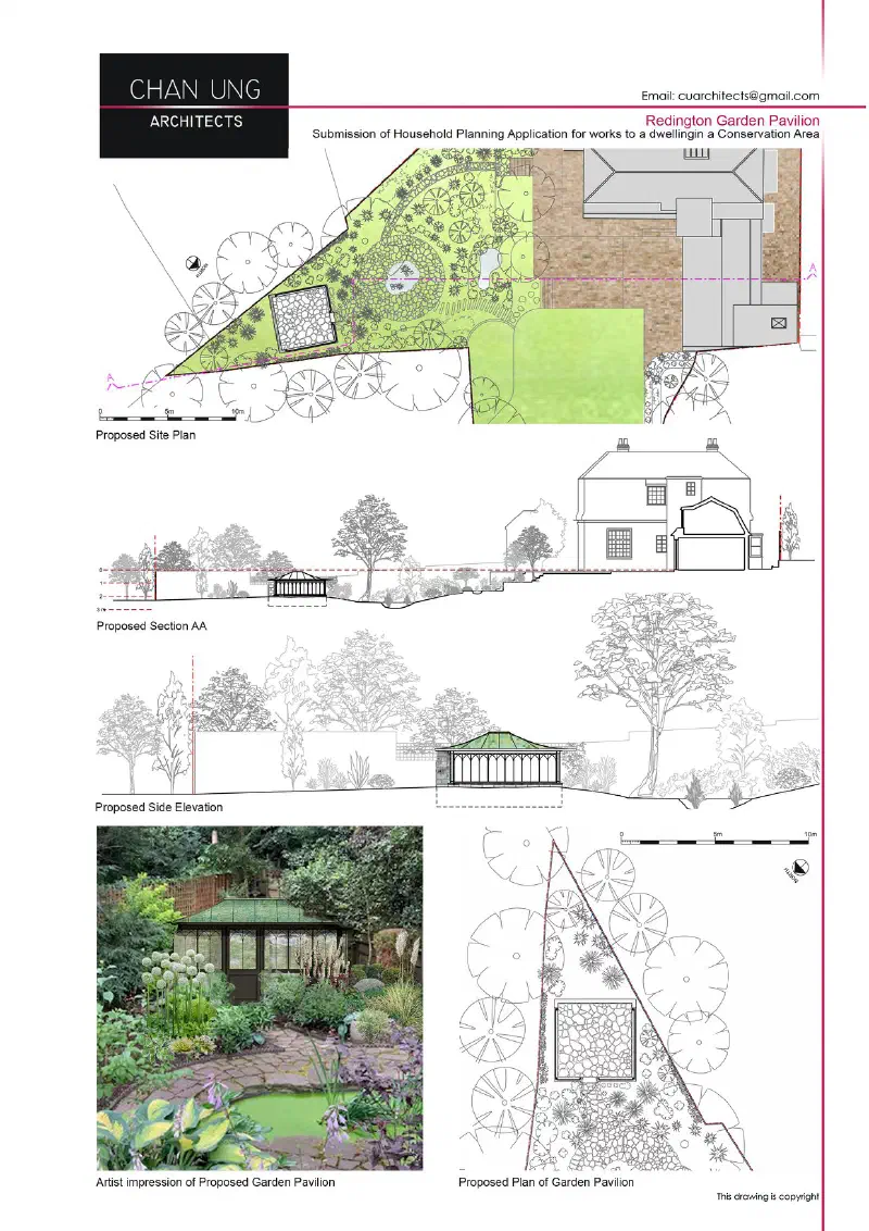 Site plan, section, side elevation, artist's impression and plan.