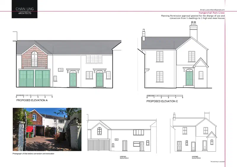 Proposed and existing elevation drawings for the conversion at Hungershall Park Close