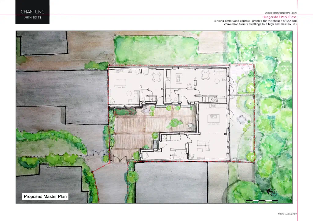 Watercolour proposed master plan of the three mews houses at Hungershall Park Close