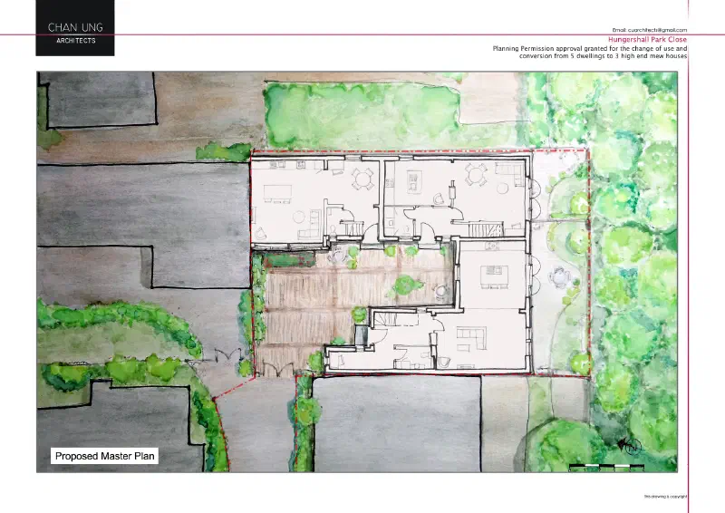 Watercolour master plan showing the layout of the three converted mews houses and their gardens