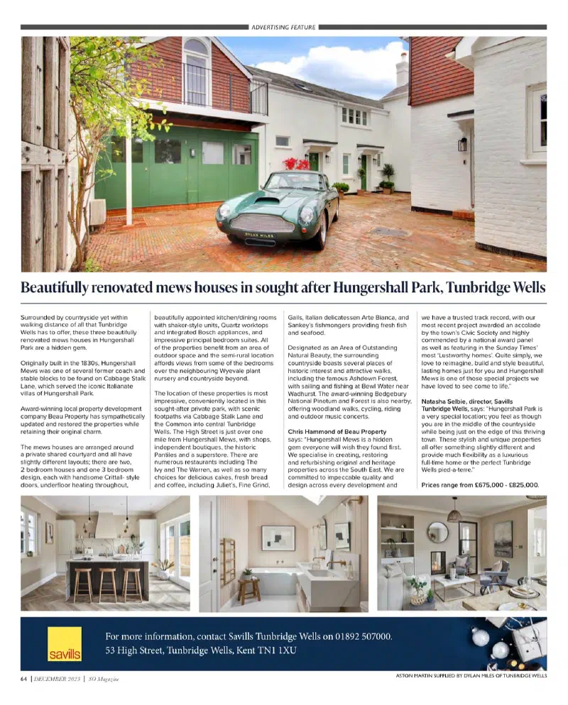 A property magazine feature showing the completed mews houses at Hungershall Park