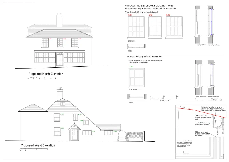 Proposed front elevation and the secondary glazing details.