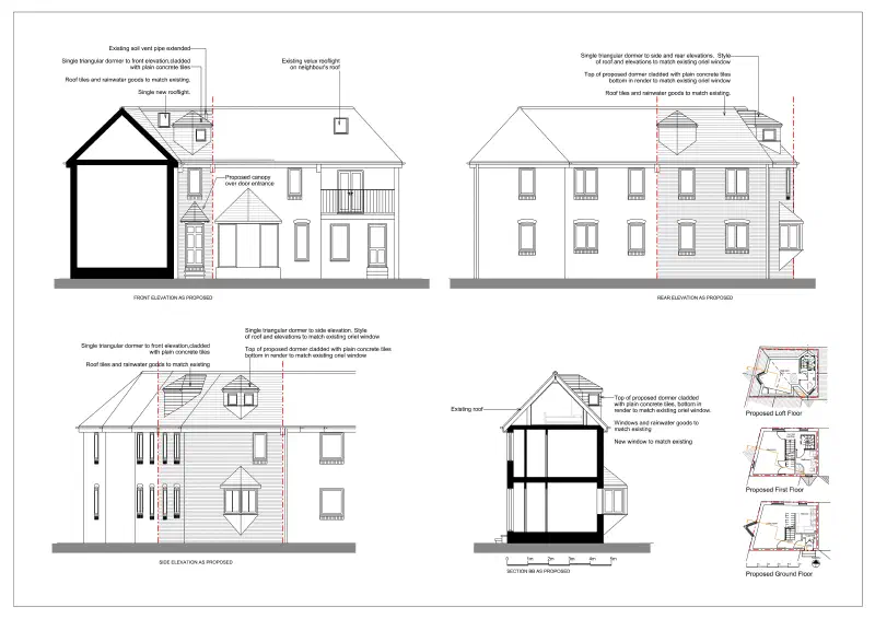 Proposed front, rear and side elevations and a section of the loft conversion with three dormers