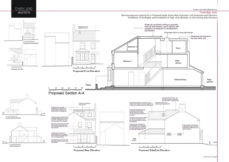 Existing and proposed elevations and section.