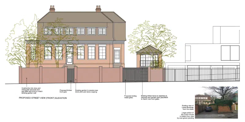 Proposed street elevation drawing showing the new garage block