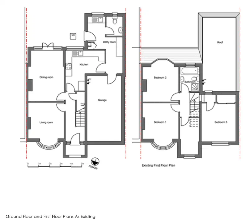 Existing ground floor and first floor plans of a semi-detached house, showing the dining room, kitchen, utility room, garage, living room and three bedrooms before the rear extension.