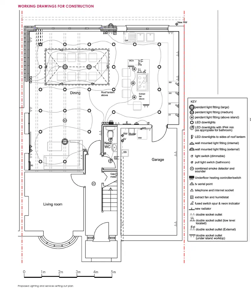 Proposed lighting and services setting-out plan for the single storey rear extension, showing the new open-plan kitchen and dining area with a central island, a roof lantern over, a new WC and a key to the light fittings and services.