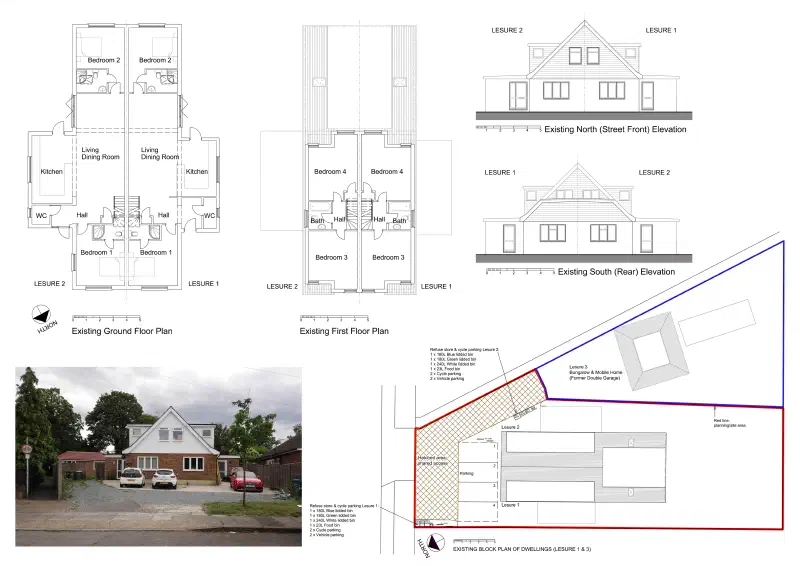 Plans and elevations of the two semi-detached homes.