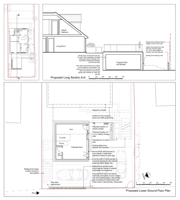 Proposed floor plan and section of the house in Marlow Bottom.