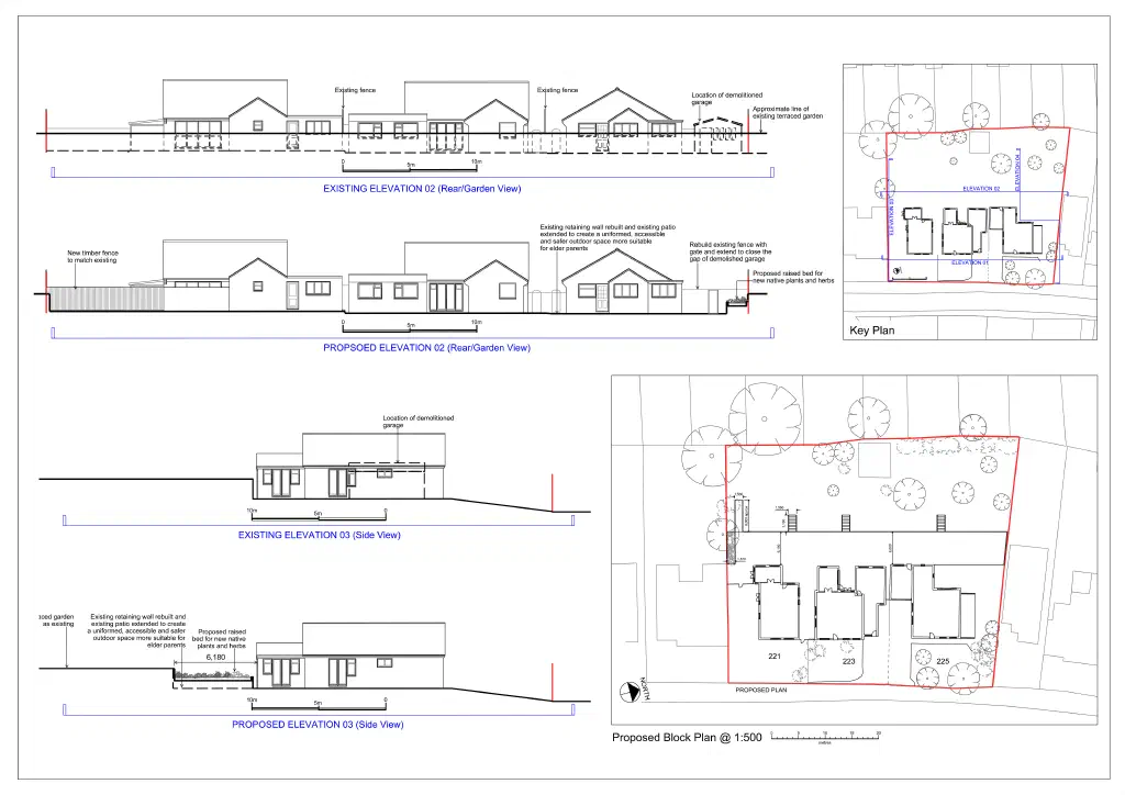 Proposed rear and side elevations across three neighbouring single-storey houses in Marlow Bottom, with the levelled garden and patio behind them.
