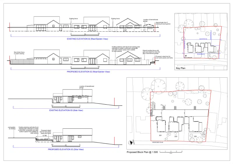 Proposed rear and side elevations across the three neighbouring houses, showing the rebuilt retaining wall, the patio extended to one accessible level, a new timber boundary fence and a raised planting bed.