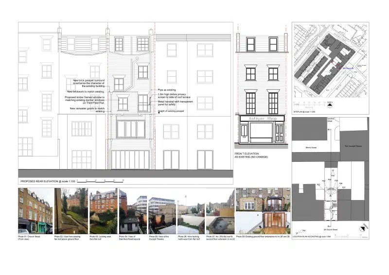 Proposed rear elevation and the unchanged existing front elevation.