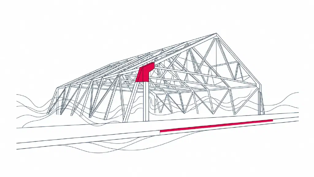 Line illustration of an aircraft hangar roof truss above a runway line