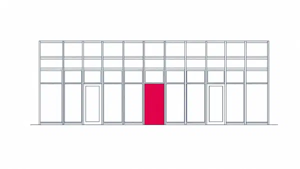 Line illustration of a glazed commercial shopfront elevation