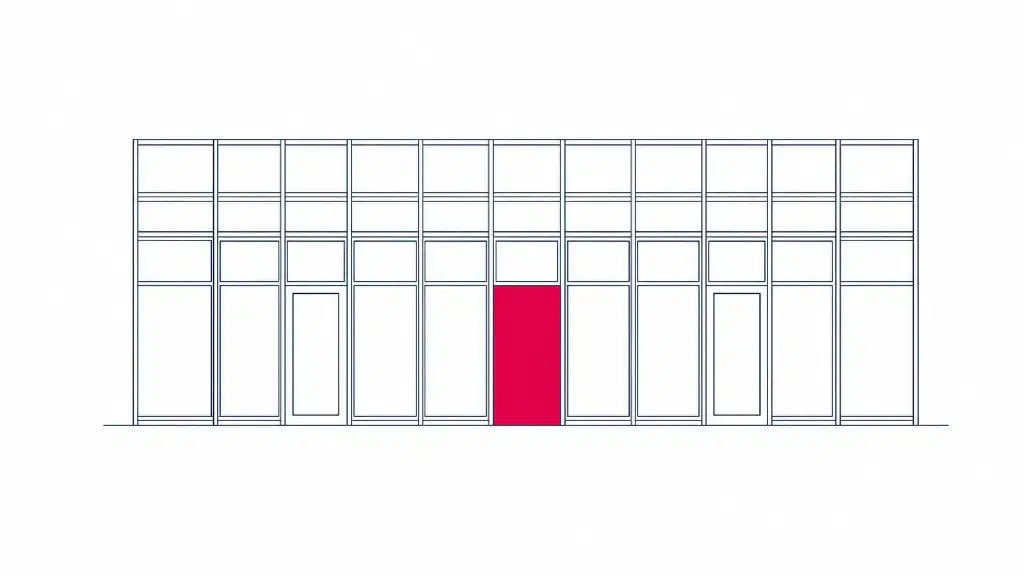Line illustration of a glazed commercial shopfront elevation