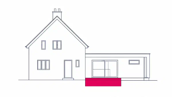 Line illustration of a house elevation with a single-storey rear extension