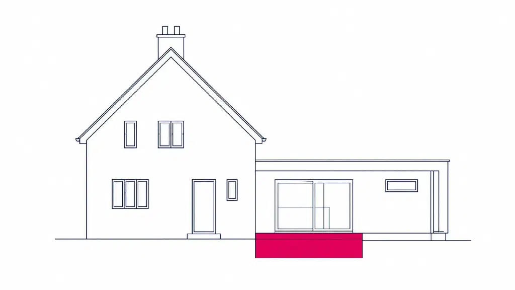 Line illustration of a house elevation with a single-storey rear extension
