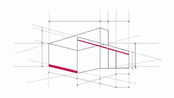 Line illustration of a building outline overlaid with survey and dimension lines