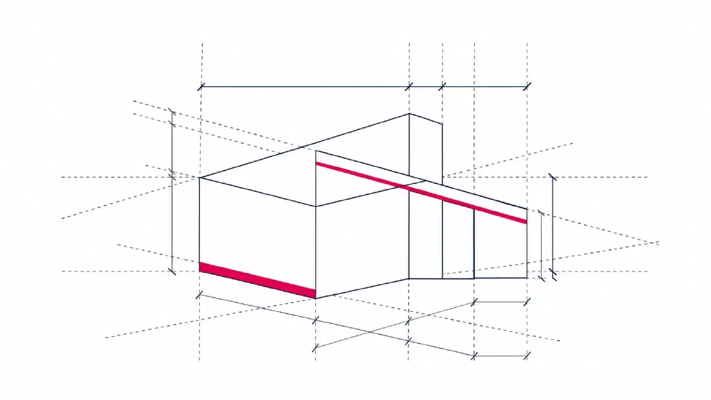Line illustration of a building outline overlaid with survey and dimension lines